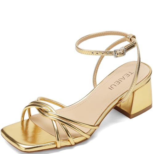 TEAIEUI Chunky Heels for Women Square Open Toe Heeled Sandals Strappy Ankle Strap Shoes for Daily Party Prom Dress Low Heel Gold Size 8