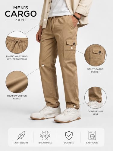 Image of Men's Cotton Cargo Pants | Stylish Casual Trousers for Men | Relaxed Fit Multi Pocket Cargo Trousers | Drawstring Waist Pant | Comfortable Lower for Men