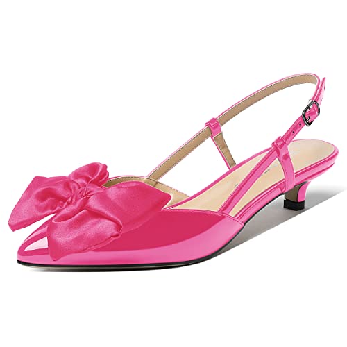WAYDERNS Women's Buckle Satin Bow Pointed Toe Patent Slingback Kitten Low Heel Pumps Shoes 1.5 Inch