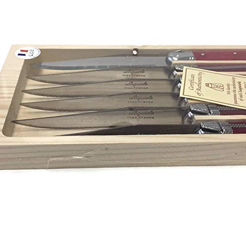 Neron Coutellerie Laguiole 6 Piece Set Steak Knives with Red Plated Handle in Wooden Box by Jean Neron