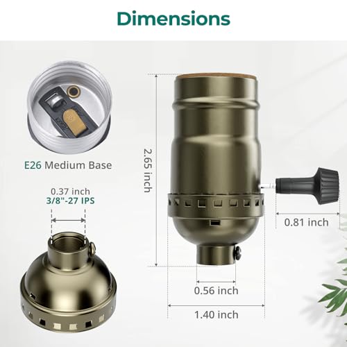 Image of DiCUNO UL Listed 3-Way Lamp Socket Replacement, E26 Standard Threaded Base Light Socket, Turn Switch Knob for Low-Medium-High Light Settings, Table, Floor Lamp Repair Kit, 2-Pack, (Champagne Gold)