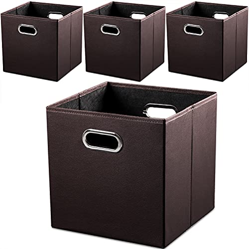 PRANDOM Leather Foldable Cube Storage Bins 13x13 inch [4-Pack] Fabric Storage Baskets Cubes Drawer with Cotton Handles Organizer for Shelves Nursery Closet Bedroom Clothes Brown