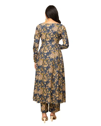 Image of FIORRA Women's Navy Blue Cotton A-line Kurta with Pant and Dupatta