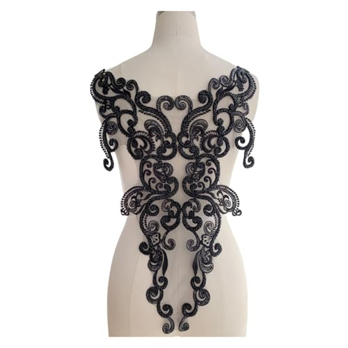 Apliques de encaje con bordado de abalorios Pegatinas de flores con espalda encaje bordado, cuentas, vestido novia, decoración espectáculos, bricolaje(Black)