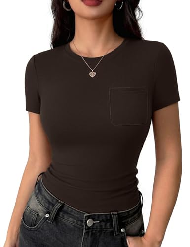 Aottori T-Shirt Damen Rundhals Stretch Tee Shirts Kurzarm Sommer Basic Oberteile Slim Fit Eng Top Sexy Casual Einfarbig Braun M
