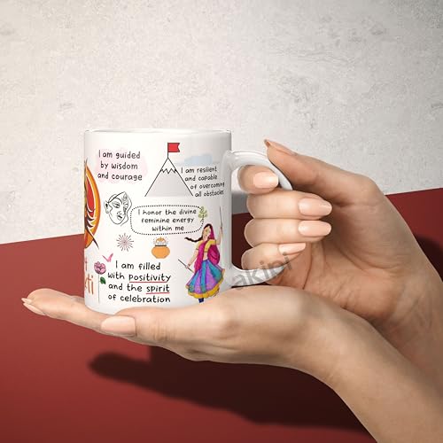Image of Cup of Shakti Navratri Mug - 11oz Ceramic Coffee /Tea Cup with Goddess Durga Affirmations, Celebrate Feminine Energy & Inner Strength - Navratri Gift for Women, Sisters, Friends (ARM732)