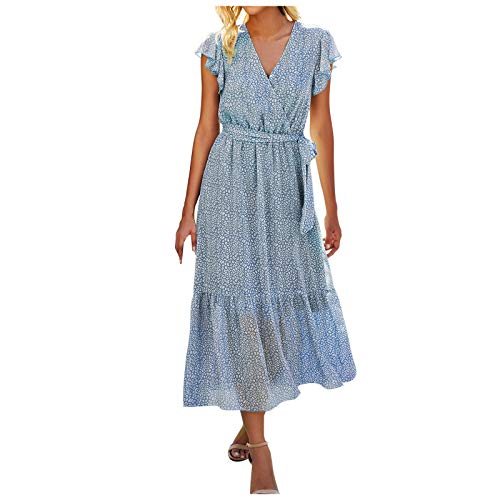 Women Summer Bohemian Floral Casual Wrap V Neck Ruffle Cap Sleeveless Belt A-Line Pleated Hem Swing Midi Sun Dress Blue