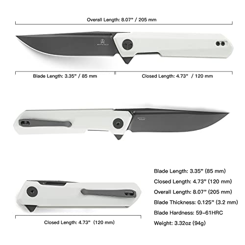 Bestechman Dundee Pocket Folder Folding Knife: 3.35" D2 Steel Grey Titanized Blade, G10 Scales, Edc Reversible Deep Clip, Bmk01I (White Handle) #TOP2