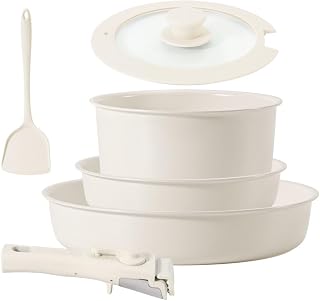 Pots and Pans Sets Non Stick,6PCS Ceramic Cookware Sets Nonstick Detachable Handle,Induction hob Pans (Black) (beige)