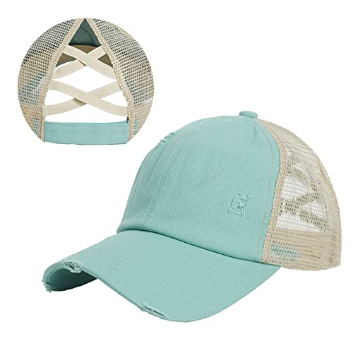 Yamee Pferdeschwanz-Baseballkappe für Damen, Netzgewebe, schnelltrocknend, einfarbig, mit gekreuztem Ausschnitt für Pferdeschwanz, für Sommer, Sport, verstellbar, blau, One size