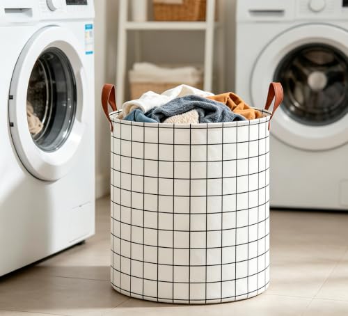 Image of CLOCOR Collapsible Round Laundry Hamper /Large Storage Basket /Room Decor (White check)