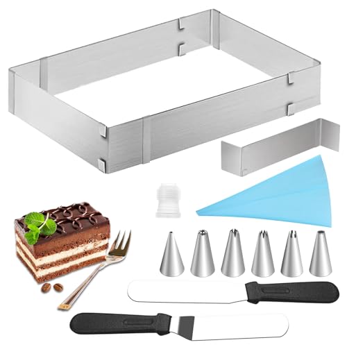 Gebrazy Backrahmen Rechteckig Verstellbar, Backrahmen Eckig Verstellbar, Tortenring Eckig mit Teiler, Spatel, Spritzbeutel, Tüllen aus Edelstahl, für Kuchen Torten Pizza Backen Party Dekorieren