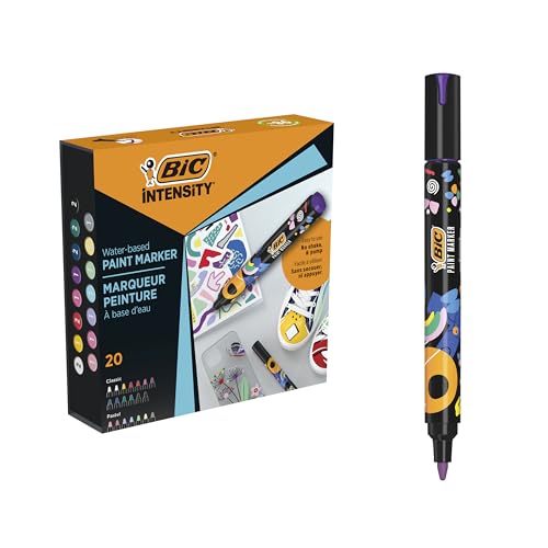 BIC Intensity Paint Lot de 20 marqueurs peinture à pointe moyenne - Marqueur Peinture à base d’eau - Feutre acrylique - Surfaces : Papier, Textile, Verre, Galet, Bois - Couleurs classiques et pastel