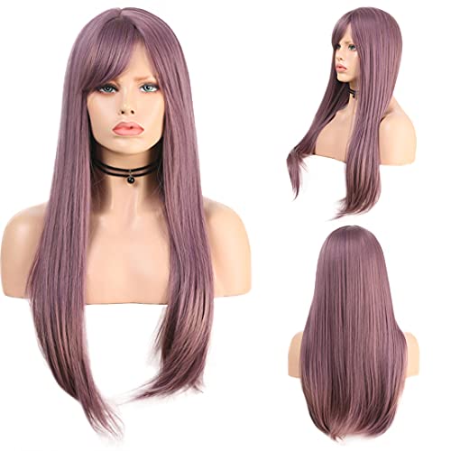 RDY Purple Long Natural Straight None Lace Wigs with Bangs Ash Purple Full Machine Made Synthetic Wig for Women Heat Fiber Hair Half Hand Tied Wig 24Inches