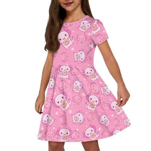 Image of Girls Dress with Pockets Basic Short Sleeve High Waist Swing Skater Dress School Party Dress for Kids