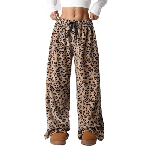 RSGMU Women's Leopard Pajama Pants - Brown, Medium - Fuzzy, Cheetah Print, High Waisted, Y2k, Casual, Lounge, Sleep, Grunge, Cute Pj Pants