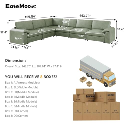 Image of EASE MOOSE Leather Sectional Couch, Oversized Modular Sectional Sofa, Classic Wide Deep Seat Modular Couch, Scratch Resistant Faux Leather Material, L Shaped Sofas for Living Room, Green
