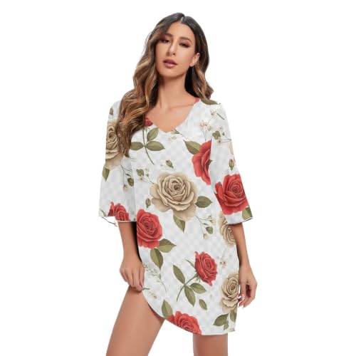Robe d'été légère à manches courtes et imprimé roses rouges