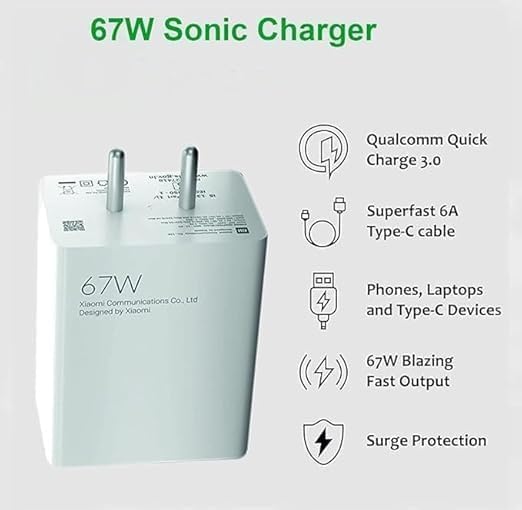 Image of Auorld Original 67W Turbo Super Fast Charger Combo USB-C Charging Adapter & Cable | Quick Charge 4.0 PD Power Delivery Compatible with Xiaomi Redmi Note 12 Pro, Note 11 Pro,10 Pro, Mi Series & More
