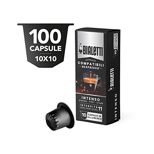 Bialetti Compatibili Nespresso, Multipack 100 Capsule, 10 Confezioni da 10 Capsule, Intenso, Intensità 11, Compatibili con Macchine Nespresso, 100% Alluminio