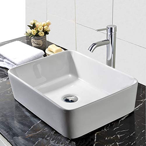 48\" White Bathroom Vanities and Sink Combo,Porcelain Vessel Sink(Rectangle),Chrome Faucet,Drain Parts,2 Small Side Cabinet Removable,Mirror Included