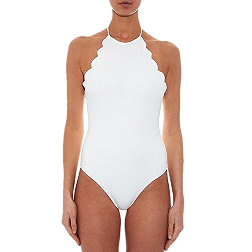 Frauen Jakobsmuschel Bikini Badeanzug Badeanzug Damen Monokini Badeanzug Einstellbare hohen Neckholder Plain Backless(L=(EU 38-40), Weiß) Cover