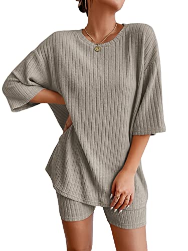 WDIRARA Women's 2 Piece Outfits Ribbed Half Sleeve T-Shirt Biker Shorts Set Knitted Matching Tracksuits Half Sleeve Khaki M