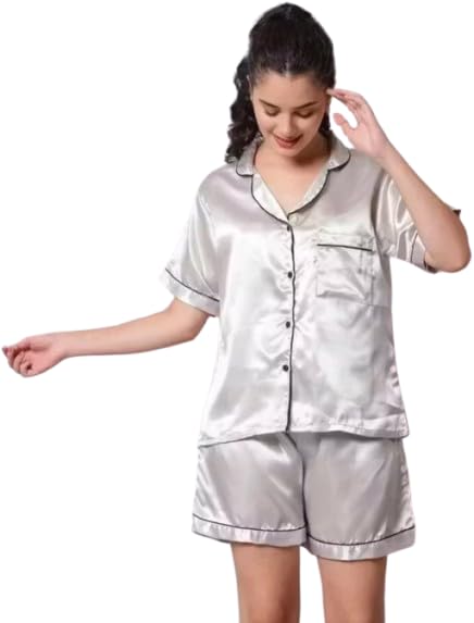 ladyana Women’s Silk Satin Pajamas Set | Soft Short Sleeve Two-Piece PJs | Silky Button-Down Sleepwear & Loungewear Shorts Set-picture-51