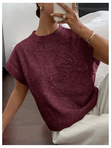 Image of SOLY HUX Women's Short Sleeve Sweater 3D Floral Sweaters Pullover Tank Tops Knit Vest Trendy Fashion Clothing