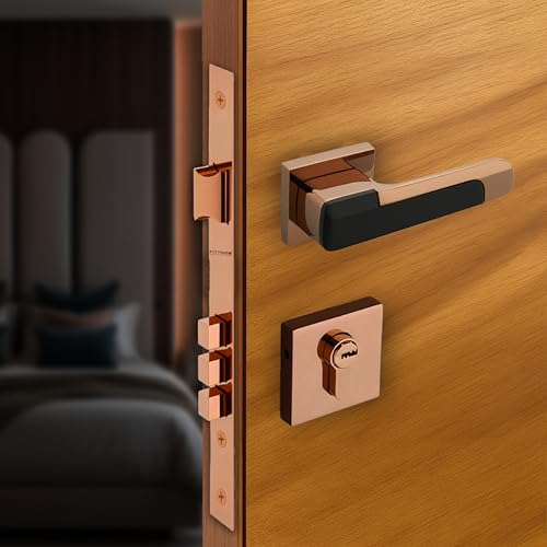 Image of Munich Mortise Door Handle Lock Set /Premium Zinc Alloy Door Handle with Lock /Heavy Duty Main Door Handle with Key Lock for Home, Office & Hotel Doors - 3 Years Warranty (PVD Rose Gold Black)