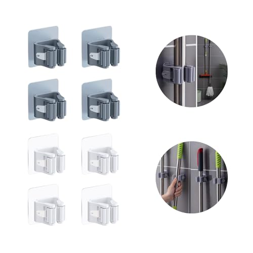 (8 uds.) Colgador de escobas y recogedores; Adhesivo fuerte sin taladro ni clavos; Impermeable; Soporte para fregonas; Ganchos aptos para cocina, jardín, garaje, baño, dormitorio(4 blancos y 4 grises)