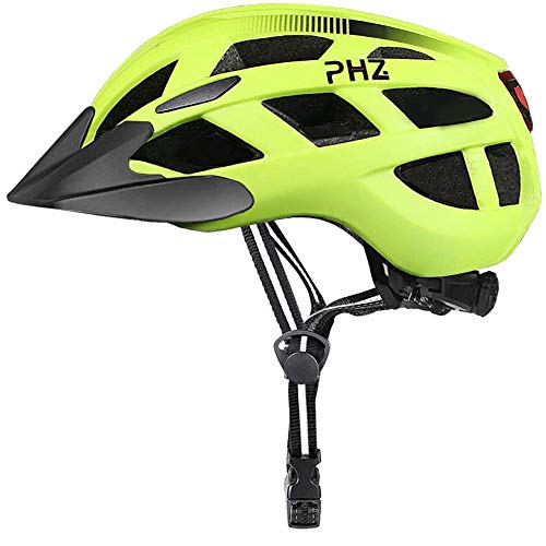 PHZ. Adult Bike Helmet CPSC Certified with Rechargeable USB Light, Bicycle Helmet Men Women Road Cycling & Mountain Biking with Detachable Visor (Green, Large)