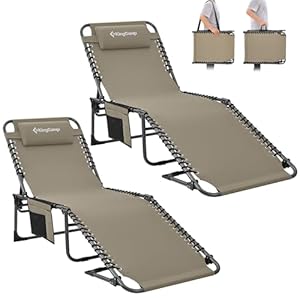 KingCamp Campingliege Sonnenliege Gartenliege Camping-Klappbett mit verstellbarem Rückenteil und Kopfkissen für Garten Urlaub Outdoor 2 Set Beige