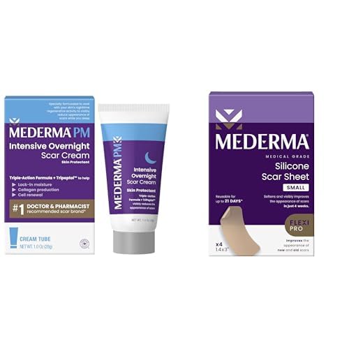 Mederma Scar Treatment Bundle: PM Intensive Overnight Scar Cream 1.0 Oz (28g) & Medical Grade Silicone Scar Sheets 4 Count