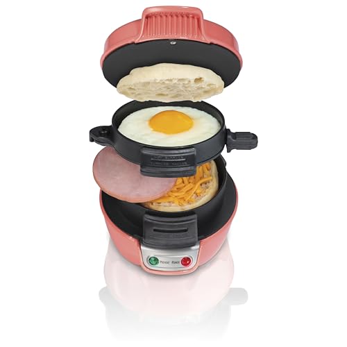 Hamilton Beach Breakfast Sandwich Maker with Egg Cooker Ring, Customize Ingredients, Perfect for English Muffins, Croissants, Mini Waffles, Perfect White Elephant Gifts, Coral (25483) by Hamilton Beach - Used condition - US$25.16