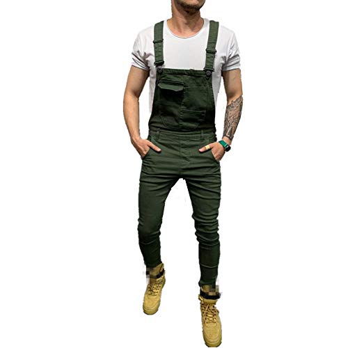Fansu Peto Jeans Monos Hombres, Denim Jeans Bib Overoles Pantalón Vaqueros de Mono para Hombre Pantalones de Bolsillo Rotos Mezclilla Jumpsuit Casual (M,verde)