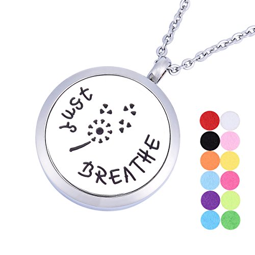 EngravedJust Breathe Aromatherapy Essential Oil Diffuser Necklace Stainless Steel Dandelion Round Locket Pendant 12 Refill Pads