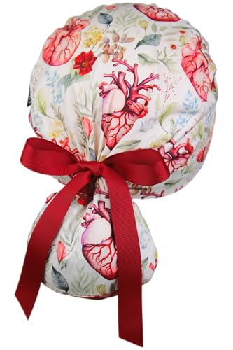 Image of Scrub Cap for Women and Men, Ponytail Scrub Caps, Working Hat, Head Cover with Ribbon Ties and Buttons, Long Hair