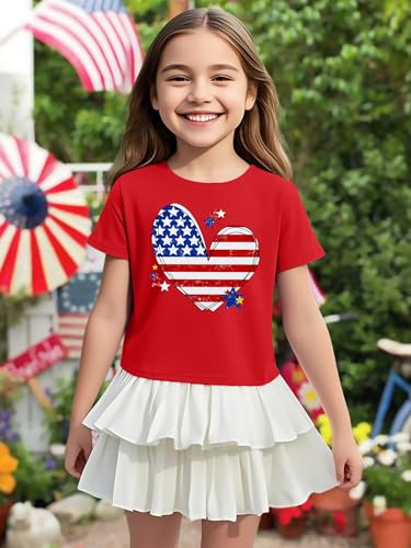 Image of VVNTY Girls American Flag Crop Tops Kids USA Crop Shirt Patriotic 4th of July Tops 5-14 Years