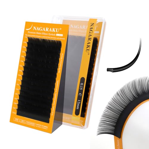 NAGARAKU Ellipse Plana Pestañas 5ª Generación Air Serie Puntas Dobles Ultra Ligeras Finas Natural Individual Puntas Divididas Pelo a Pelo Elípticas Flat Lash Negro Mate 16 Filas (0.15 C Curl 12mm）