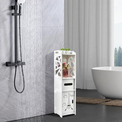 Badezimmerschrank, freistehend, kleiner Aufbewahrungsschrank für Toilette, Aufbewahrungsmöbel, verstellbares Regal, Halterung für Toilettenpapiere (20 x 20 x 80 cm, romantischer Turm, weiß)