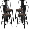 Yaheetech 24Inch Seat Height Style Dining Stools Chairs with Wood Seat/Top and High Backrest, Industrial Metal Counter Height Stool, Modern Kitchen Dining Bar Chairs Rustic, Black, Set of 4
