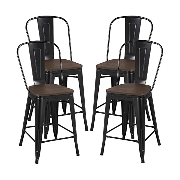 Yaheetech 24Inch Seat Height Style Dining Stools Chairs with Wood Seat/Top and High Backrest, Industrial Metal Counter Height Stool, Modern Kitchen Dining Bar Chairs Rustic, Black, Set of 4 Yaheetech 24Inch Seat Height Style Dining Stools Chairs with Wood Seat/Top and High Backrest, Industrial Metal Counter Height Stool, Modern Kitchen Dining Bar Chairs Rustic, Black, Set of 4