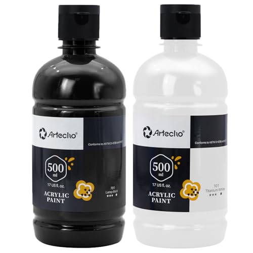 Image of Artecho White and Black Acrylic Paint - Large 500ml / 17oz Bottle, Craft Paint for Canvas, Rocks, Wood, Fabric, Ceramic, Non-Toxic