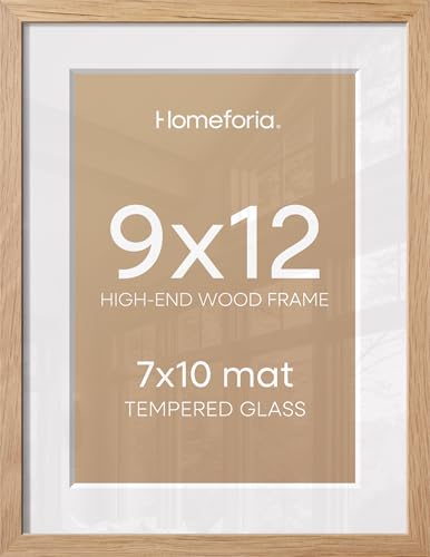 Image of Homeforia 9x12 Natural Oak Picture Frame, High-End Wood, 7x10 Mat, Glass | High End Solid Oak Wood, Tempered Glass, Acid-Free 7x10 Removable Mat, 9x12 Edge-to-Edge Display 12x9, Wall Kit, Set Of 1