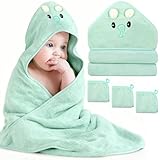 Sublaga 4 PCS Baby Towel Set, Hooded Bath Towel for Infants, Toddlers and Kids, Soft Animal Baby Bath Towels & 3 PCS Washcloths, 32x32 in Hooded Baby Bath Towel for Boy and Girl (Green Elephant)