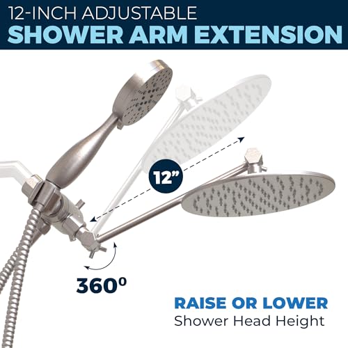 Solid Metal 3-Spray Dual Shower Head Combo with 12 Inch Adjustable Arm Extension, Brushed Nickel | Hand Held Shower Head with Hose, 8 Inch Rainfall, 3-Way Diverter and Shower Arm Extension