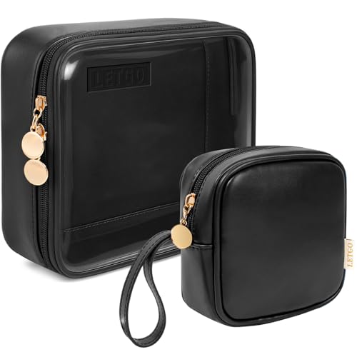 Image of LETGO TSA Approved Toiletry Bag, Clear Makeup Bags with Small Makeup Bags for Purse, Quart Size PVC Cosmetic Bags for Women and Men (No Handle-Black, Large+Mini)
