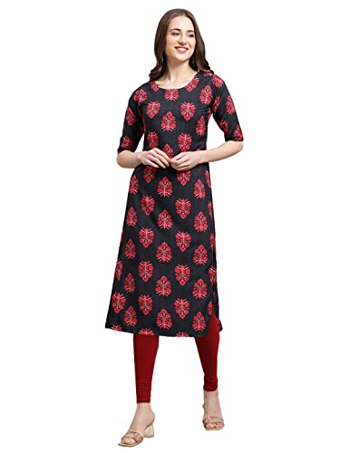 Image of Pinkmint Women's Crepe Black Color Floral Printed Straight Kurti(MD-530349)