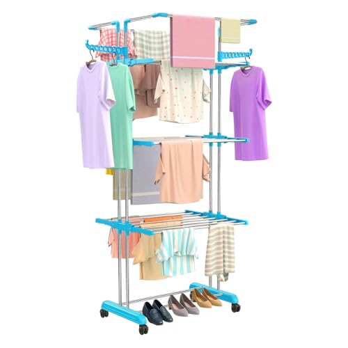 Image of H Houseware Foldable Cloth Drying Stand Stainless Steel 4 Tier Heavy-Duty Clothes Dryer for Balcony, Indoor & Outdoor Use | with Wheels & Hanger Slots | Rust-Proof Laundry Rack(Jumbo)